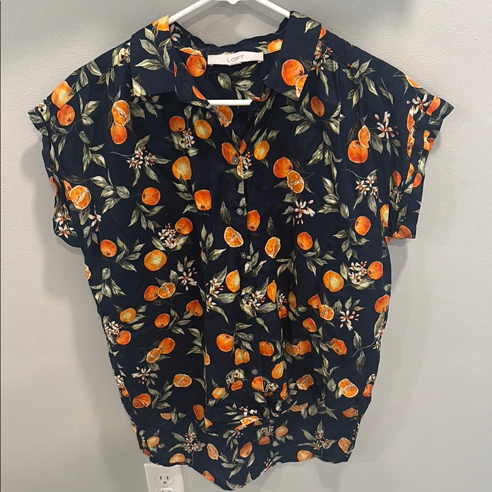 LOFT Navy Blouse with Orange Citrus Print